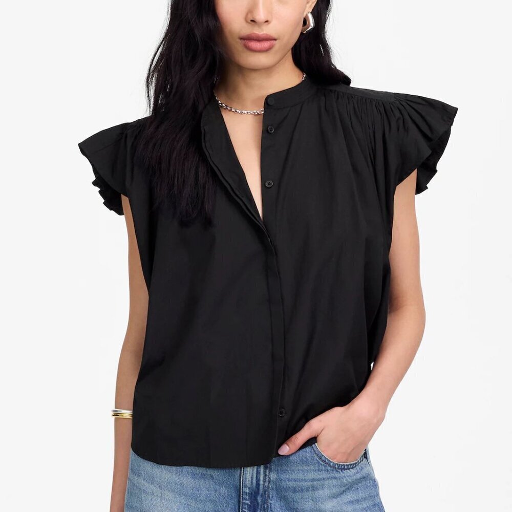 Madewell Poplin Shirred Button Up Cotton Short Sleeve Shirt Black Size XL NWT